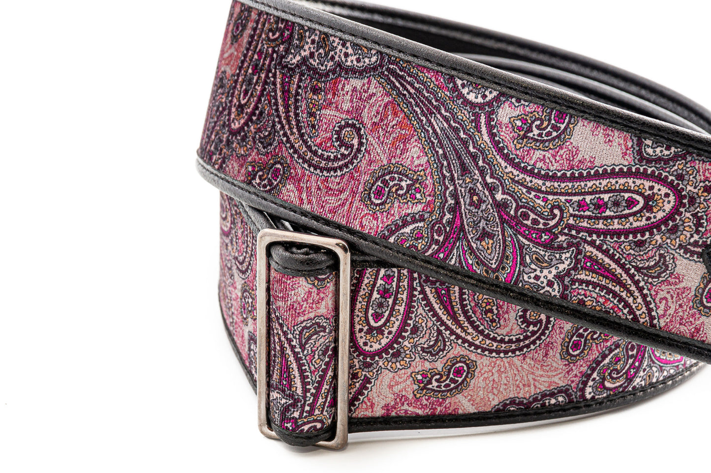 Courroie modèle PAISLEY, extérieur tissu, largeur 6 cm, longueur 95 à 150 cm, porte-médiators intégré, bordeaux