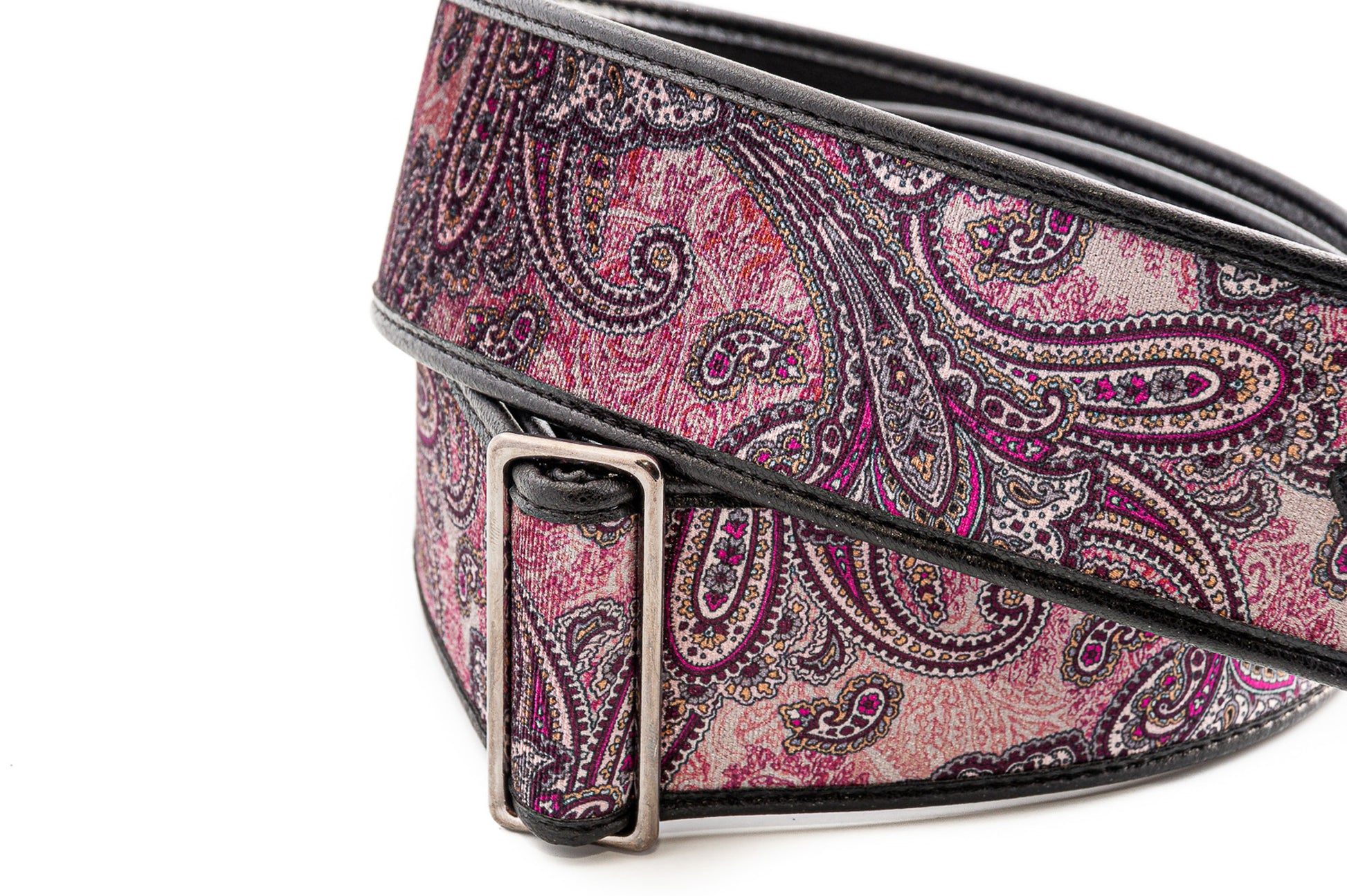 Courroie modèle PAISLEY, extérieur tissu, largeur 6 cm, longueur 95 à 150 cm, porte-médiators intégré, bordeaux