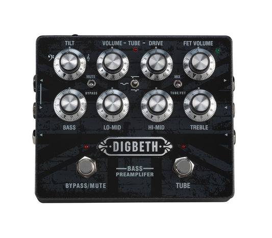 Préampli basse DIGBETH, 2 canaux, préampli type lampe et transistor, EQ 3 bandes, fonction TILT, sortie DI, noir