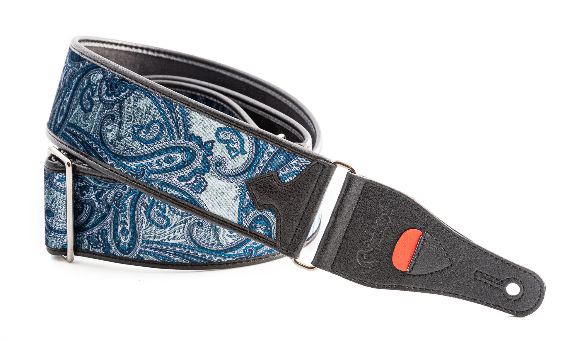 Courroie modèle PAISLEY, extérieur tissu, largeur 6 cm, longueur 95 à 150 cm, porte-médiators intégré, bleu