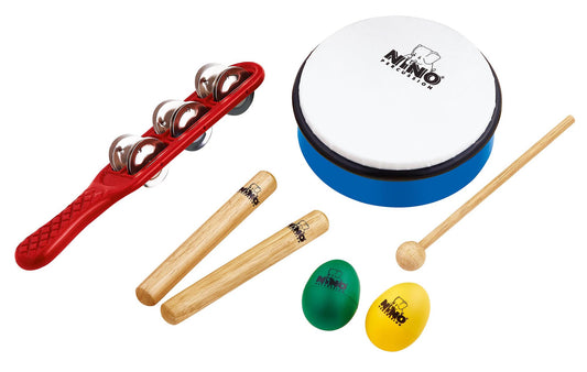 Lot de 5 petites percussions avec housse (1 paire de claves, 2 oeufs shaker, 1 jingle stick guiro, 1 tambourin)