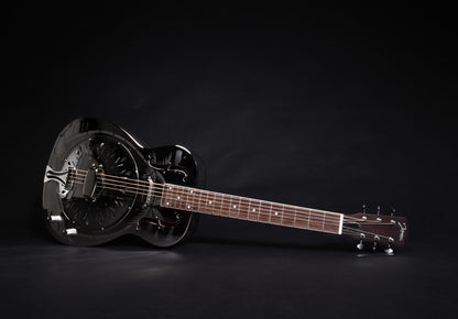 JR-998, corps en laiton, manche acajou, touche palissandre, micro simple, nickel brillant avec palmiers.