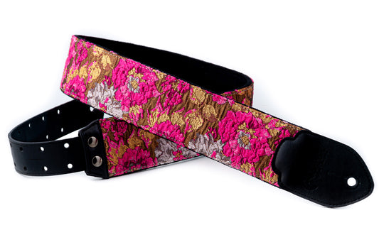 Courroie modèle GOLD & ROSES, extérieur synthétique et tissu, largeur 7 cm, longueur 95 à 150 cm, porte-médiators, rose