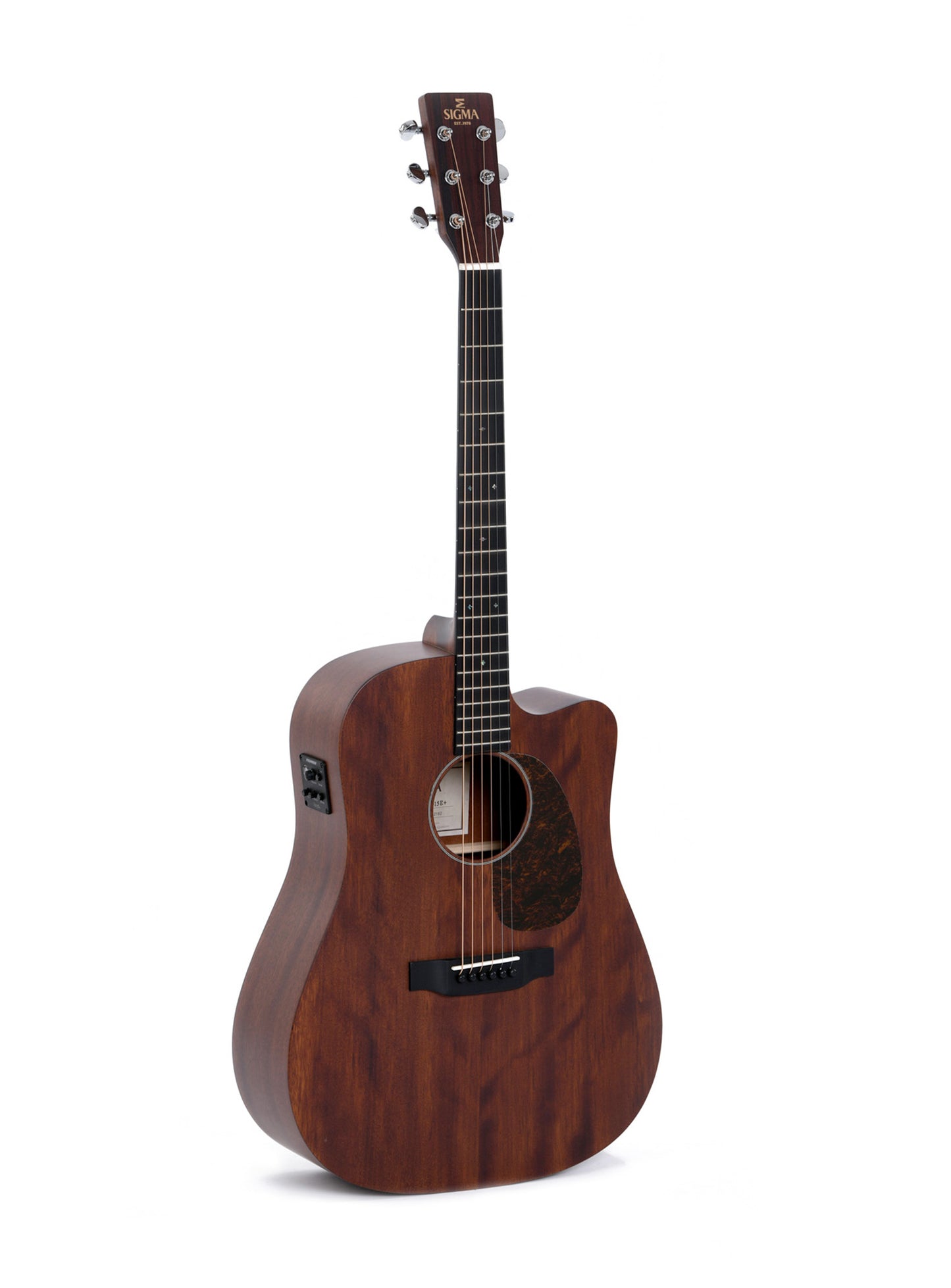 Modèle DMC-15E, Dreadnought pan coupé, table acajou massif, f/e acajou, touche micarta, EQ Fishman, naturel satiné