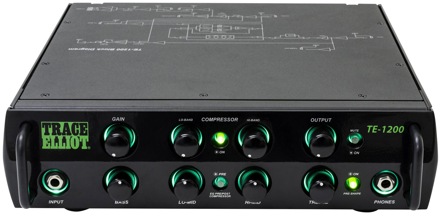 Tête amplifiée pour basse 1200W RMS, EQ 4 bandes, compresseur 2 bandes, 2 sorties jack, sortie DI, sortie casque, finition noir