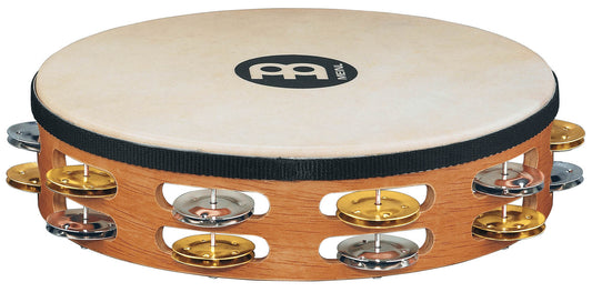 Tambourin bois avec peau de chèvre sélectionnée à la main, 2 rangée de cymbalettes acier nickelé et laiton, Super Natural