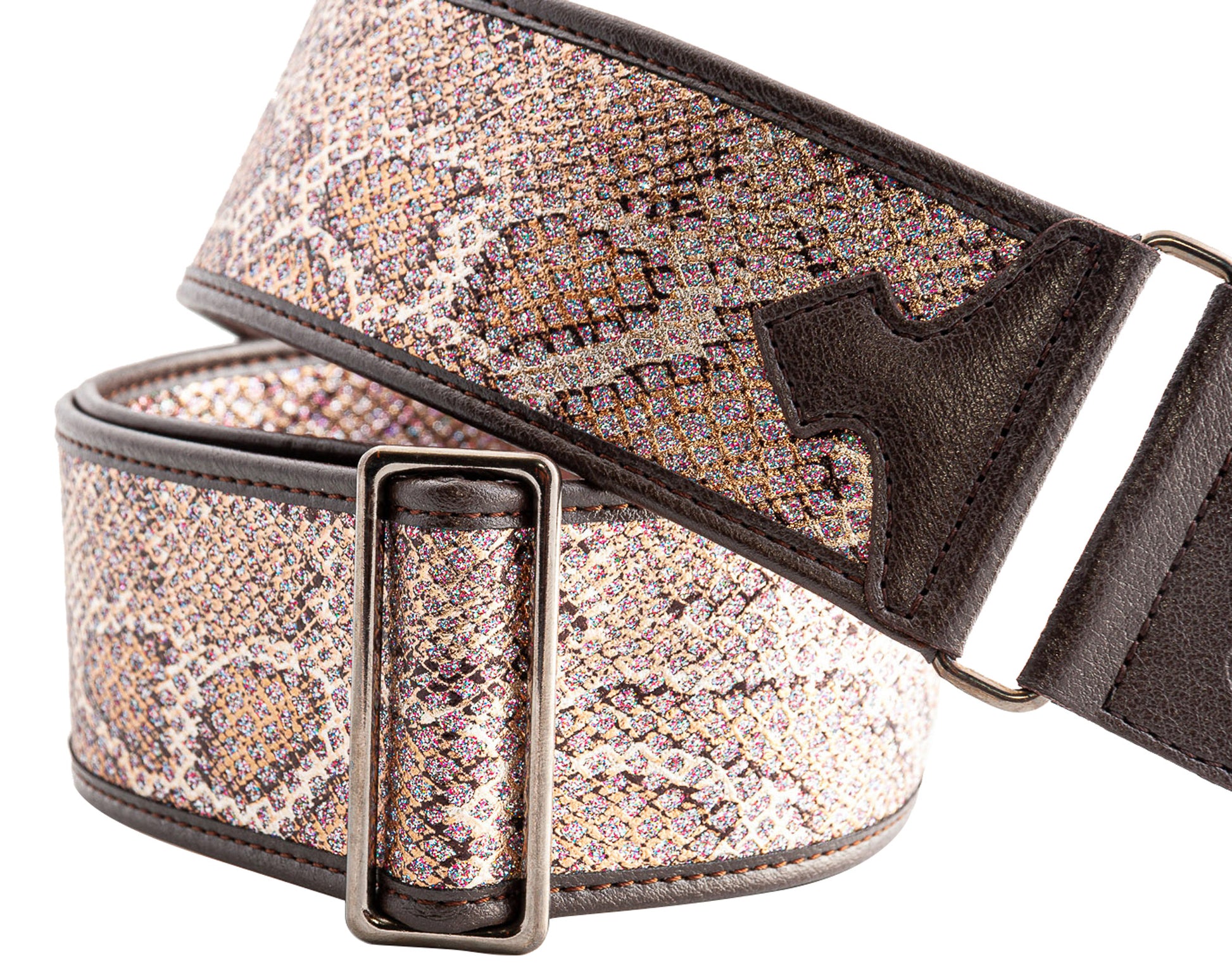 Courroie modèle GLITTER SNAKE, synthétique, rembourrée, largeur 6 cm, longueur 95 à 150 cm, porte-médiators intégré, rose