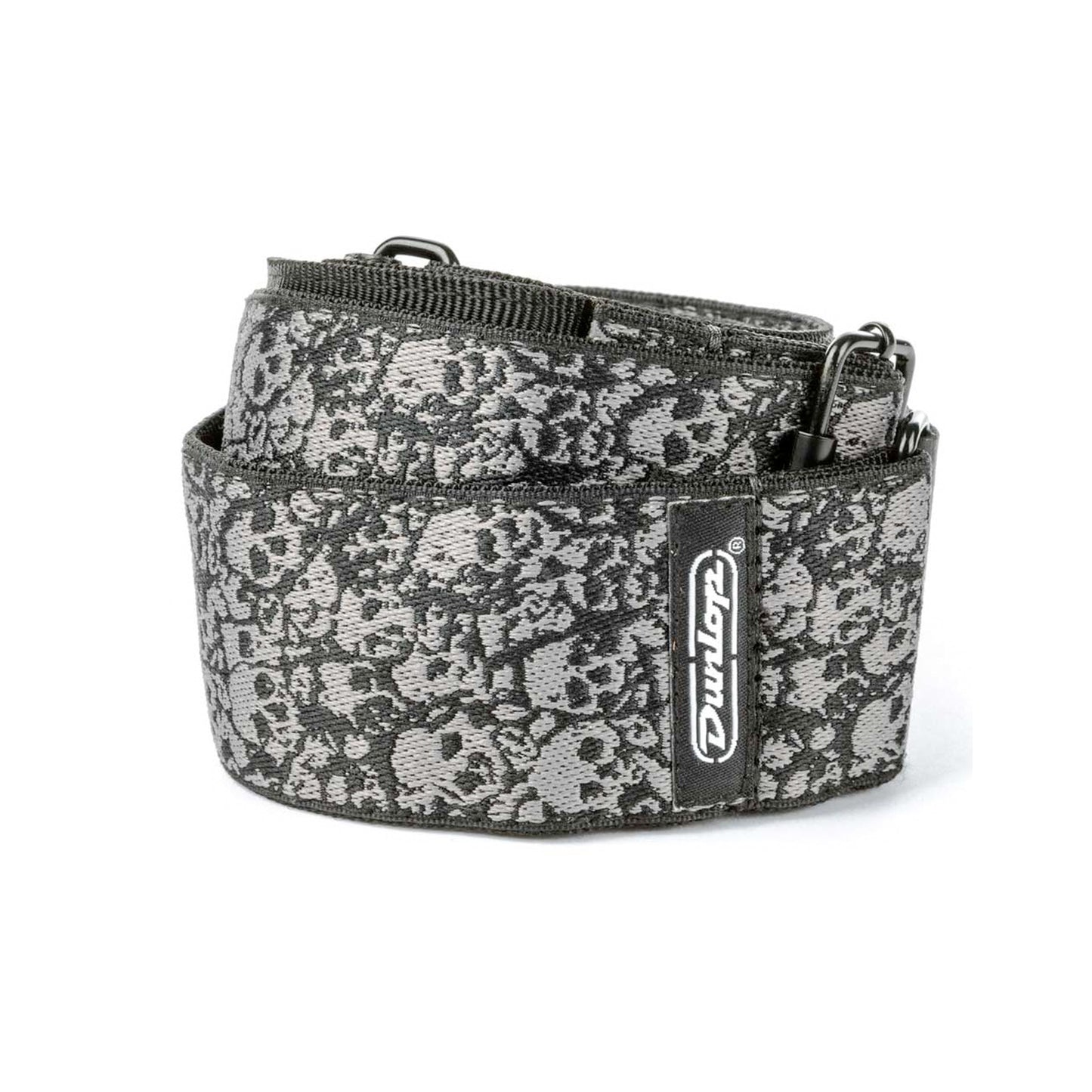 Courroie jacquard modèle CATACOMB, extrémités cuir, largeur 5 cm, noir et gris