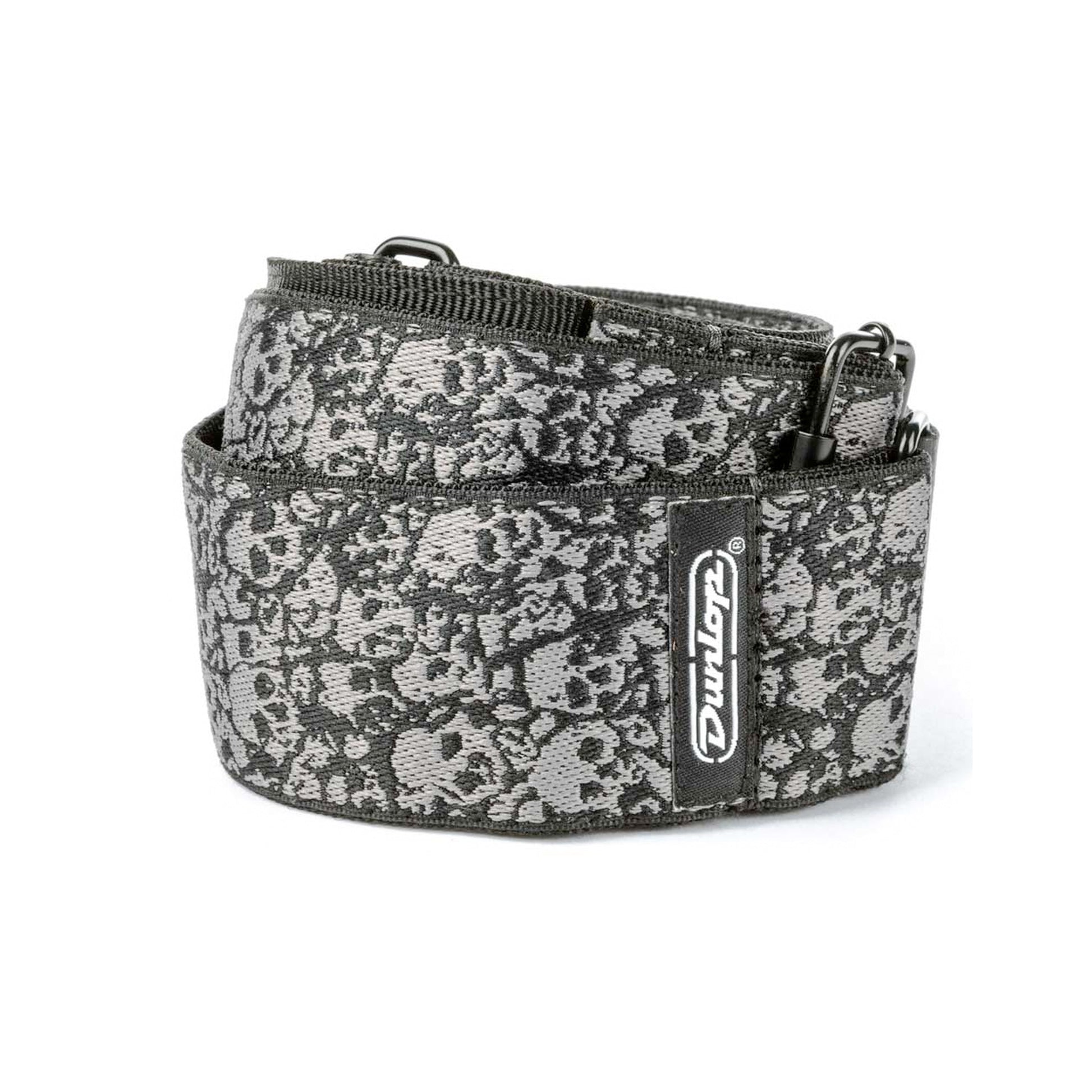 Courroie jacquard modèle CATACOMB, extrémités cuir, largeur 5 cm, noir et gris