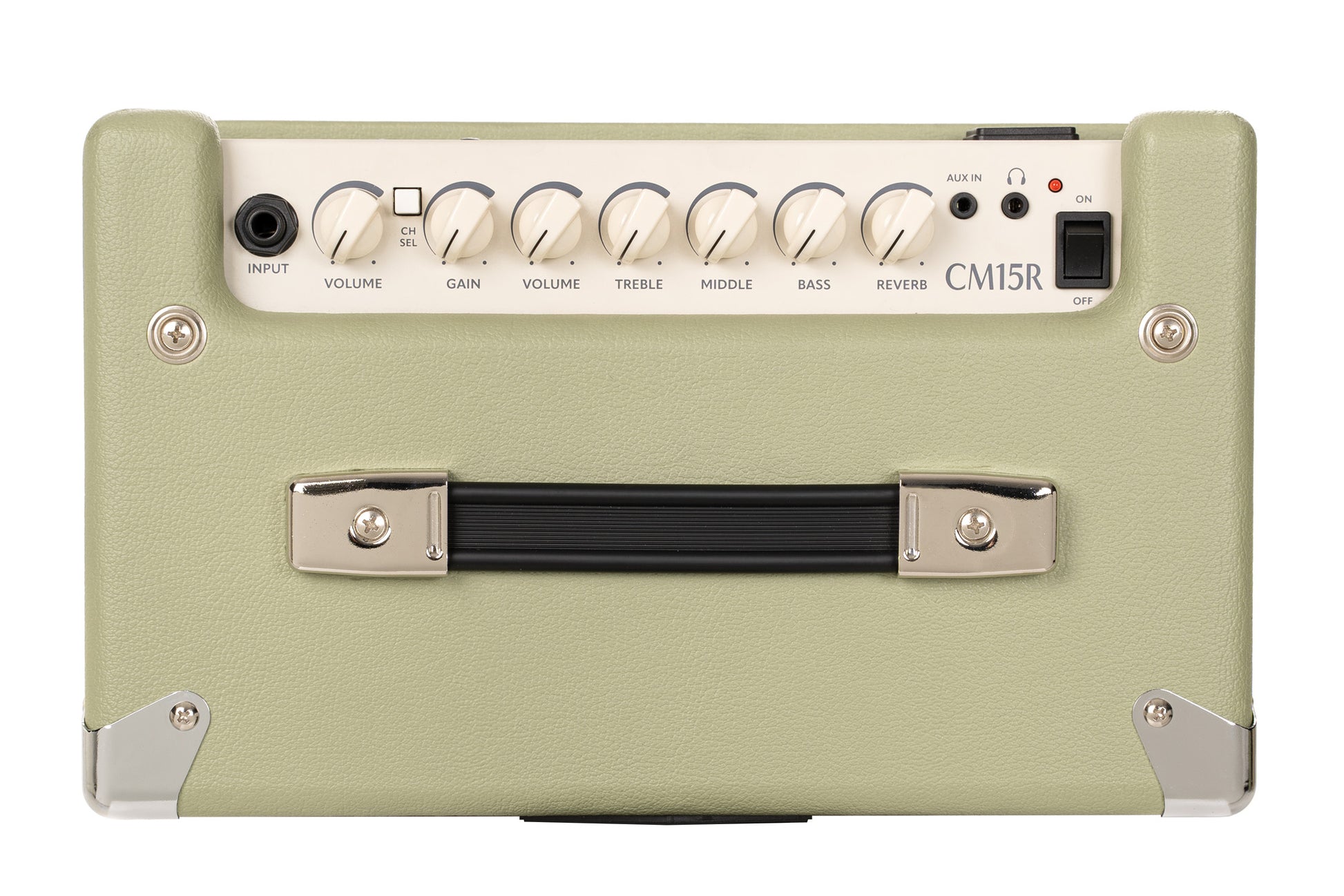Ampli guitare 15W, 1 x 8", 2 canaux, égaliseur 3 bandes, réverb, entrée CD/MP3 mini-Jack, sortie casque mini-Jack, vert pale
