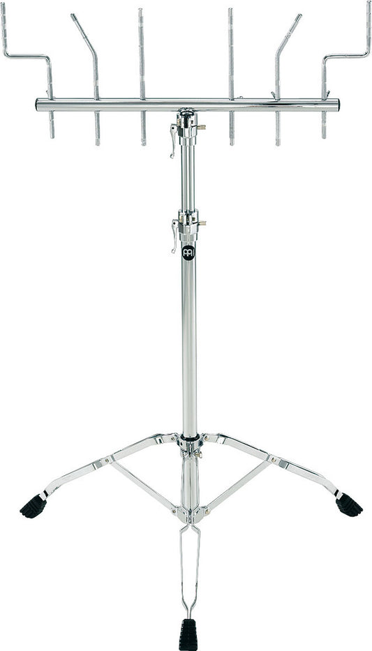 Support universel acier, double embase, 6 bras, réglage hauteur (80 à 133cm), bagues mémoire, clé Allen, chromé