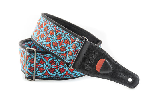 Courroie modèle FILLMORE II, tissu Jacquard, largeur 6 cm, longueur 90 à 150 cm, porte-médiators intégré, bleu