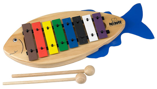Carillon-poisson en pin, lames métalliques couleur amovibles, avec paire de mailloches et songbook,