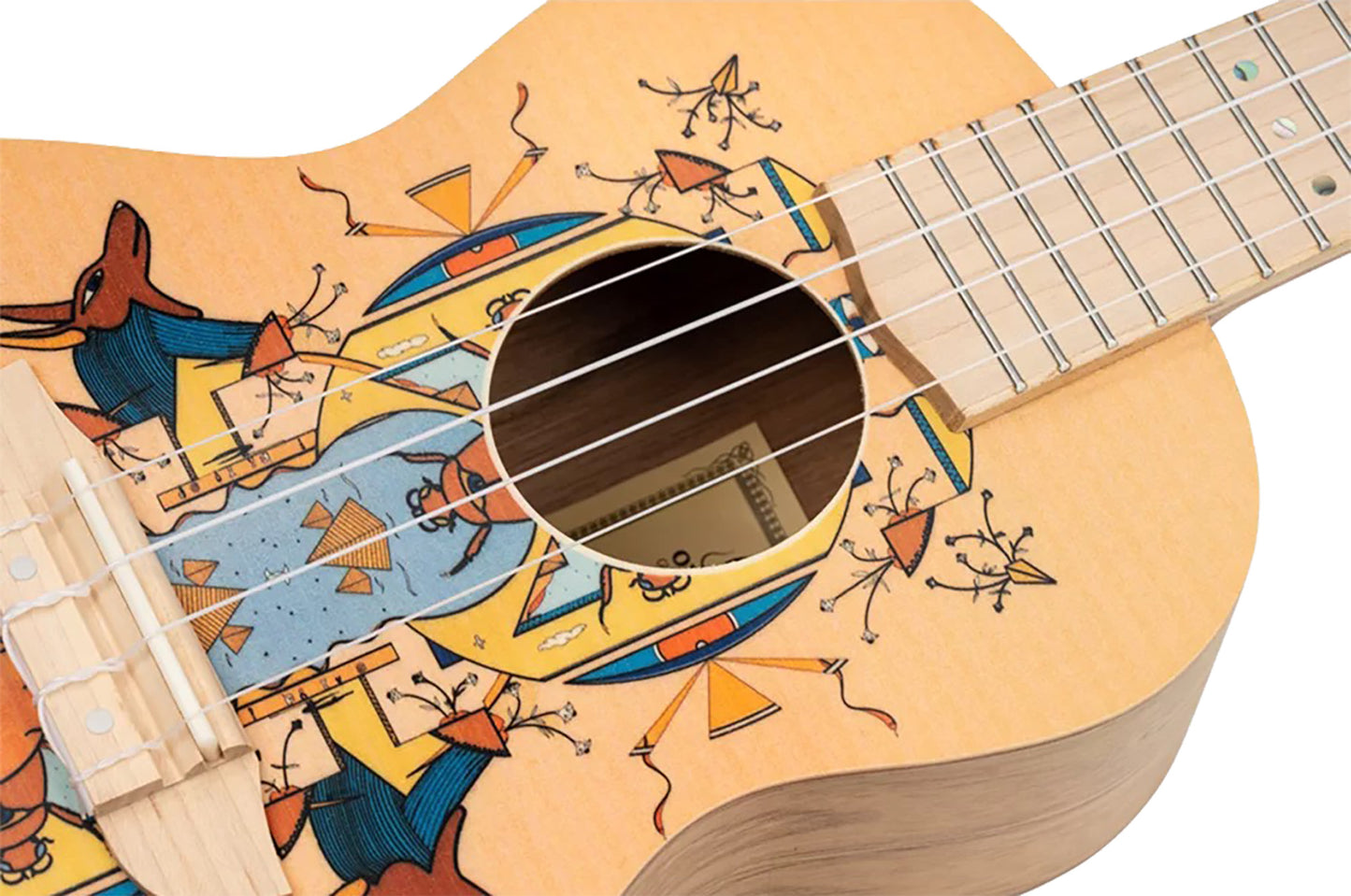 RUAR-EY, modèle Concert, table épicéa avec motif custom, fond & éclisses catalpa, manche nato, motif"Egypte" satiné