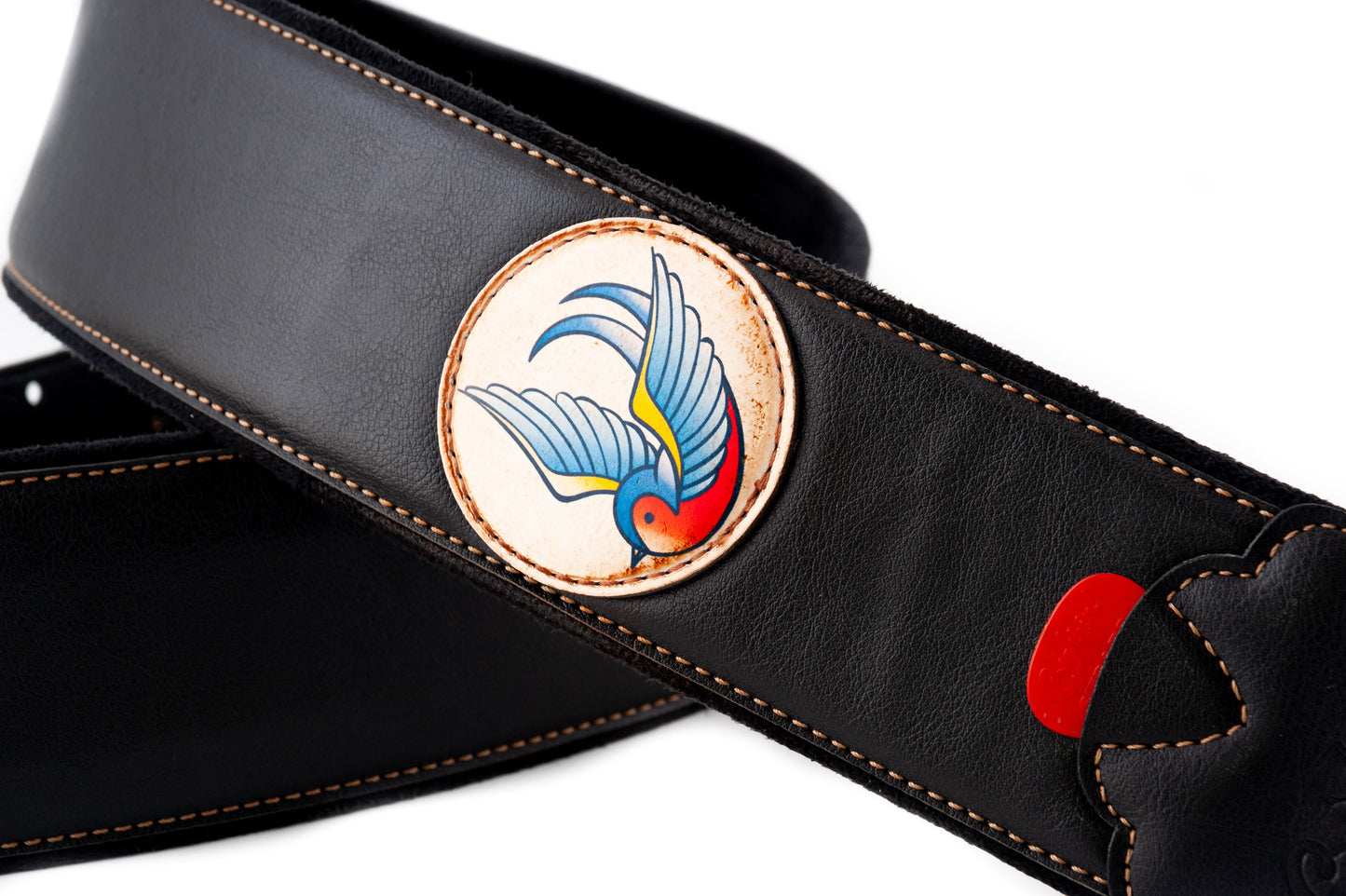 Courroie modèle TATOO SWALLOW, extérieur synthétique, largeur 7 cm, longueur 98 à 153 cm, porte-médiators intégré, noir