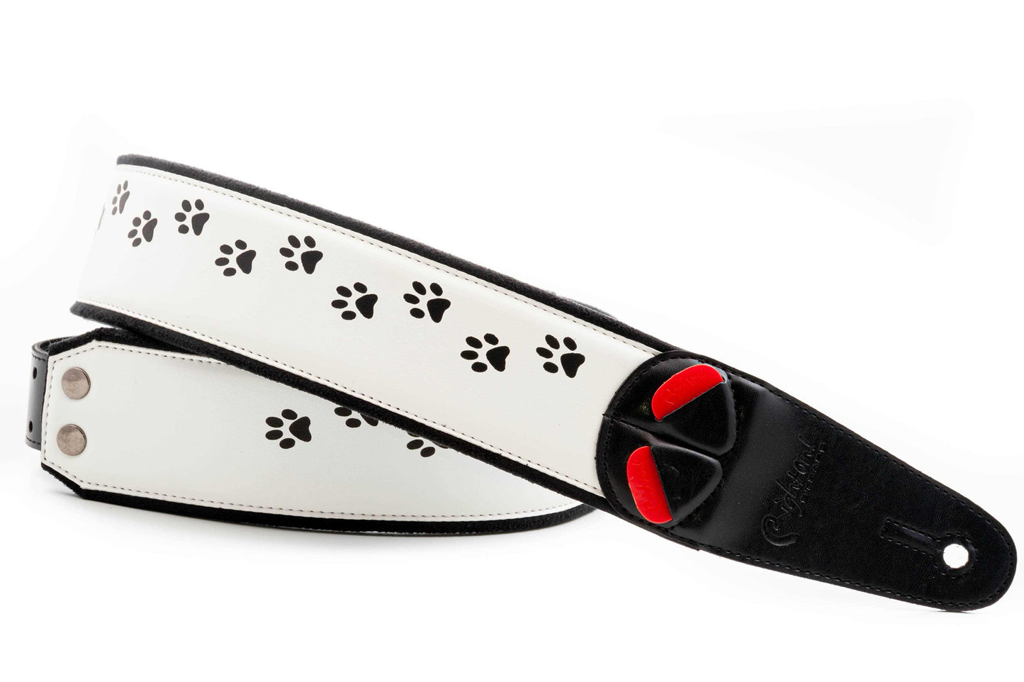 Courroie modèle CAT, extérieur synthétique, largeur 6 cm, longueur 100 à 145 cm, porte-médiators intégré, blanc