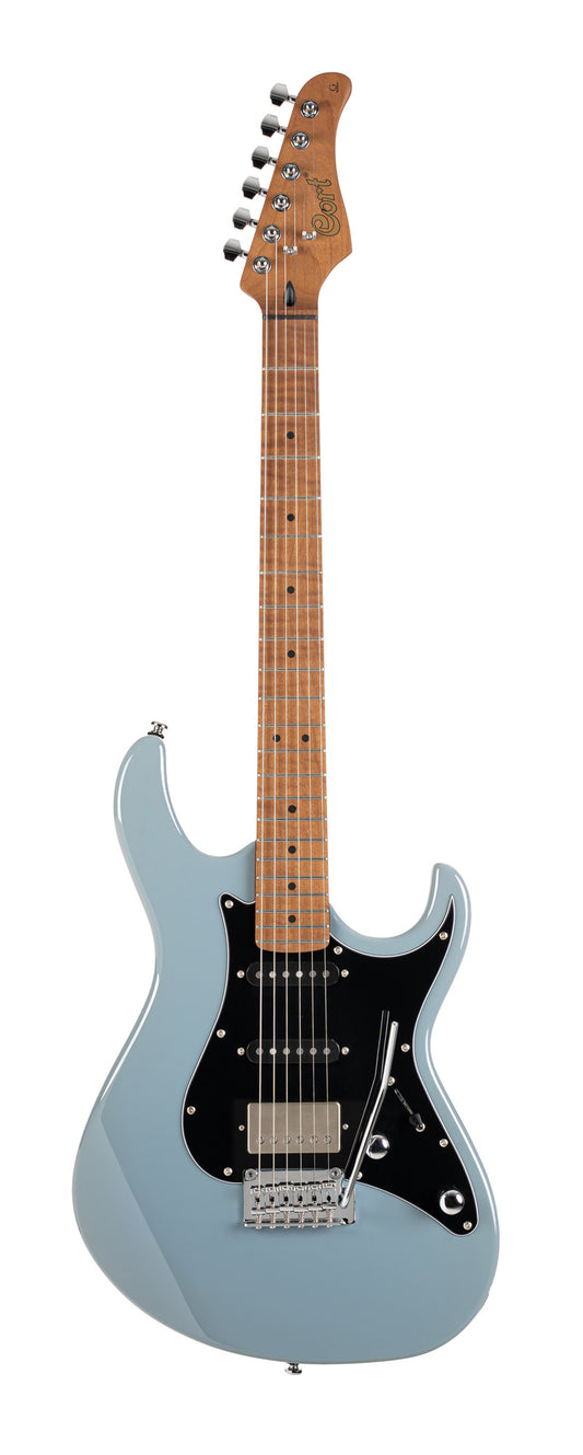 G250 SE, corps tilleul, manche et touche érable torréfié, 1 micro double et 2 simples Cort Voiced Tone, trémolo, bleu gris