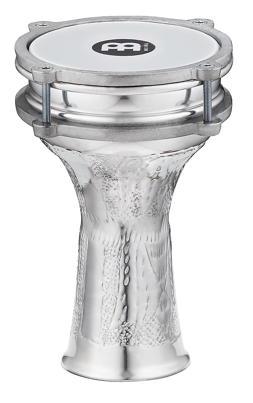 Darbouka aluminium martelé main, 13.5 x 23.5 cm, peau synthétique, clé d'accord