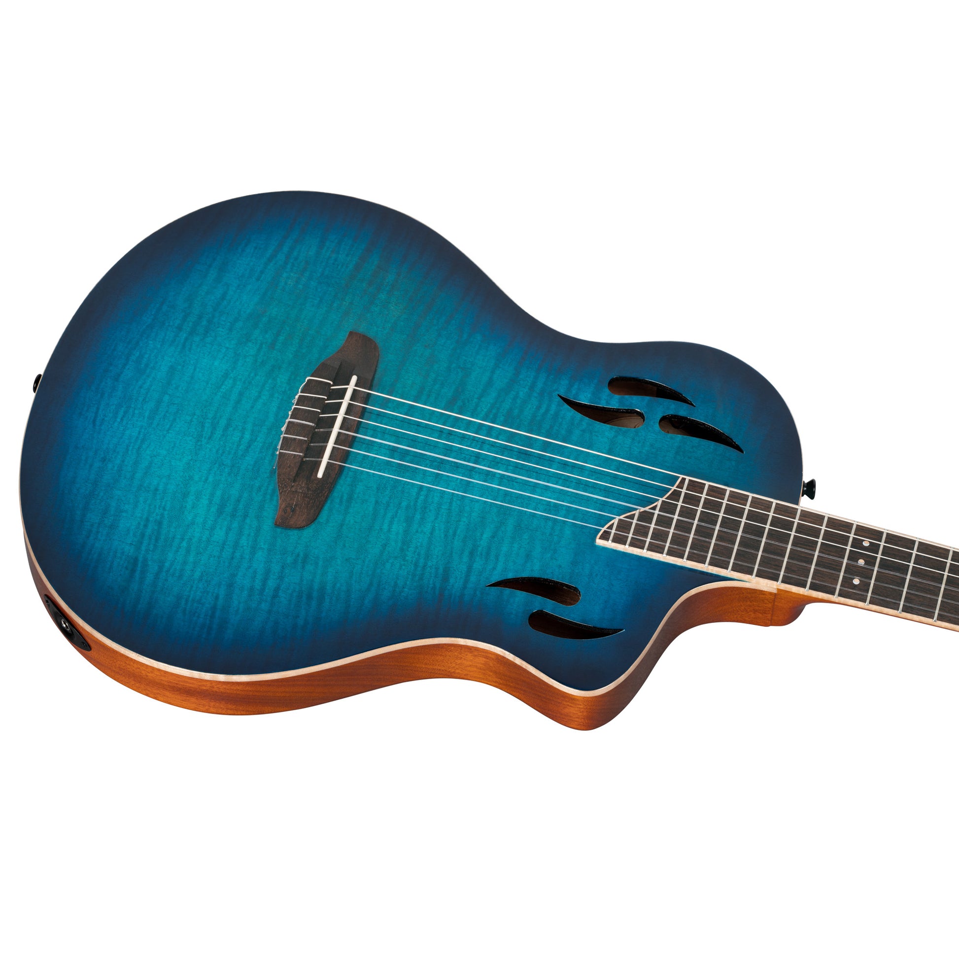 RTPDLX-FMA, modèle TourPlayer, EQ Magus X, corps okoumé, table érable flammé, sillet 48 mm, housse, bleu dégradé brillant