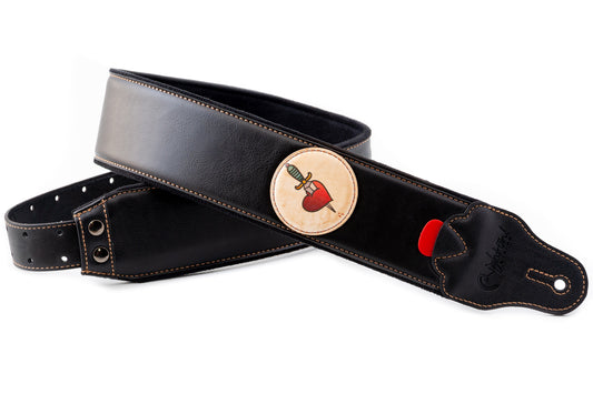 Courroie modèle TATOO HEART, extérieur synthétique, largeur 7 cm, longueur 98 à 153 cm, porte-médiators intégré, noir