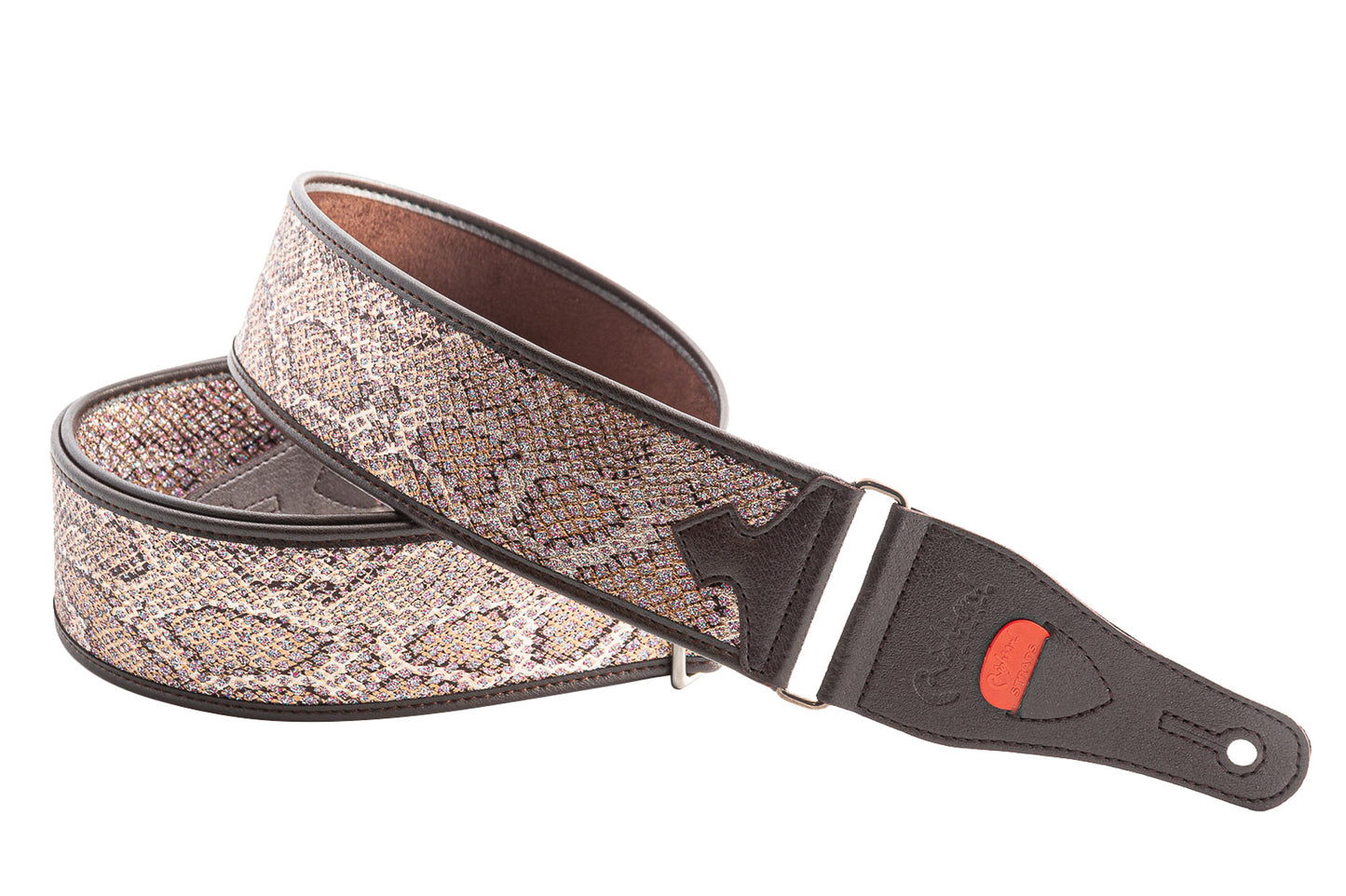 Courroie modèle GLITTER SNAKE, synthétique, rembourrée, largeur 6 cm, longueur 95 à 150 cm, porte-médiators intégré, rose