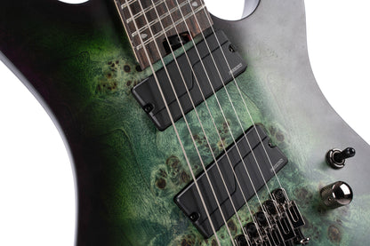 KX507MS, modèle 7 cordes, corps acajou, table peuplier figuré, touche ébène, micros Fishman Fluence, star dust green