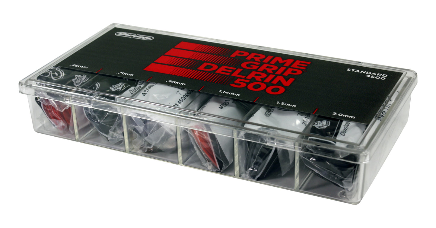 Boîte de 324 médiators Prime Grip DELRIN 500, 72 de chaque en 0.46, 0.71 et 0.96, 36 de chaque en 1.14, 1.5 et 2.0 mm