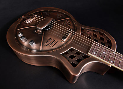 JR-994, corps en laiton, manche acajou, touche palissandre, micro simple, antique copper.