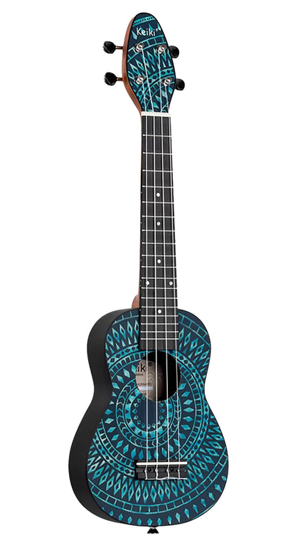 K2SS-BKC, pack ukulélé Soprano Superscale, table agathis design"kaléidoscope", corps ABS galbé, accessoires, bleu satiné