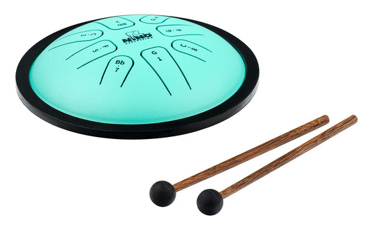 Small tongue drum vert NINO Sol mineur avec mailloches en caoutchouc et sac de transport