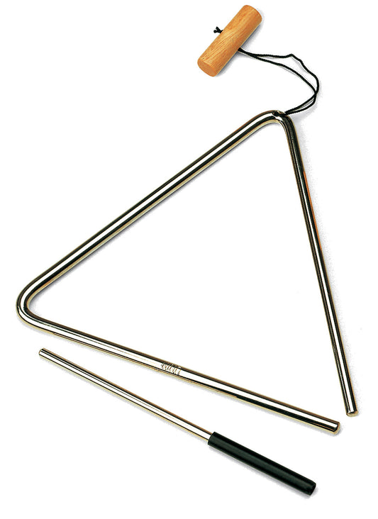 Triangle acier 20 cm, avec cordelette et poignée bois, batte métal avec poignée caoutchouc