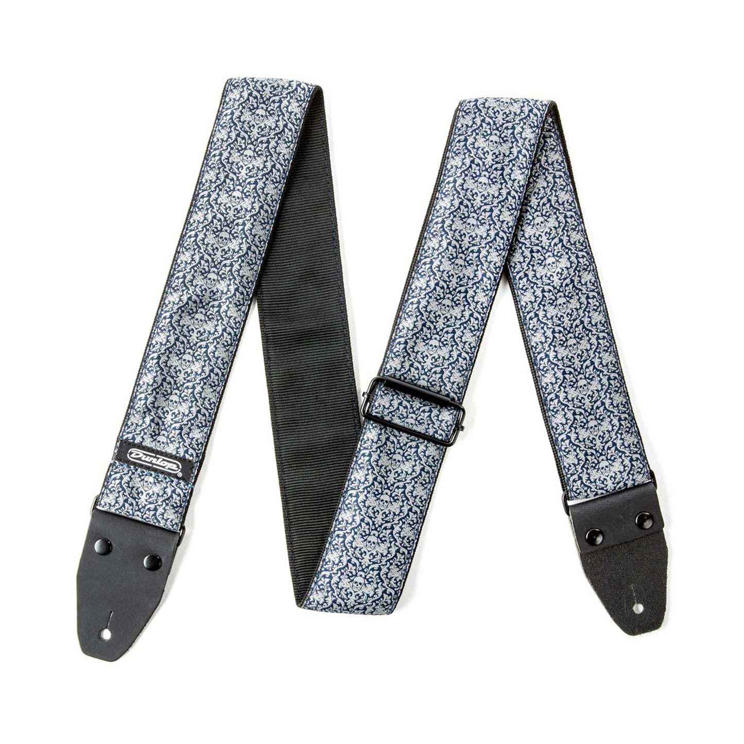 Courroie jacquard modèle FLEURS DE SKULL, extrémités cuir, largeur 5 cm, bleu et blanc