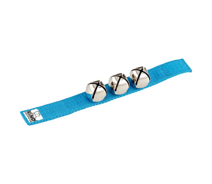 Bracelet nylon 23 cm, 3 clochettes acier, attache rapide, bleu