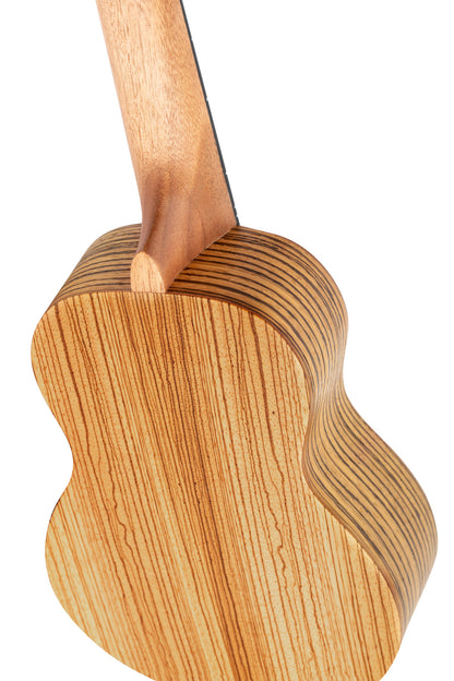 RFU10Z, modèle Soprano, table zebrawood, fond & éclisses zebrawood, manche acajou, housse, naturel satiné