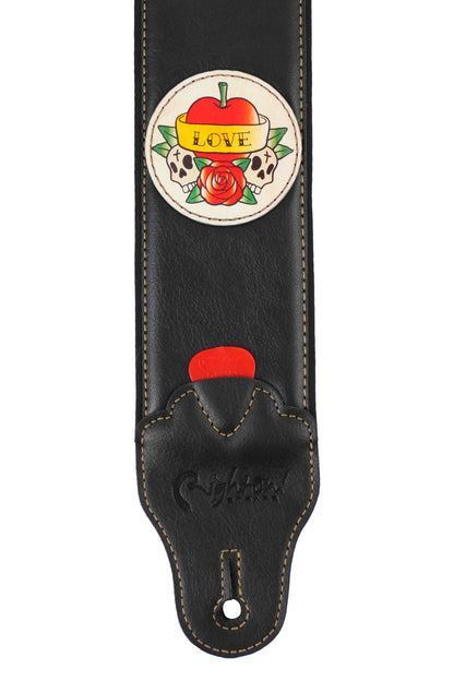 Courroie modèle TATOO LOVE, extérieur synthétique, largeur 7 cm, longueur 98 à 153 cm, porte-médiators intégré, noir