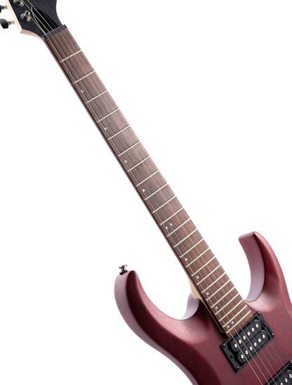 X100, corps meranti, manche érable, touche jatoba, trémolo 6 points, 2 doubles Powersound, black cherry pores ouverts