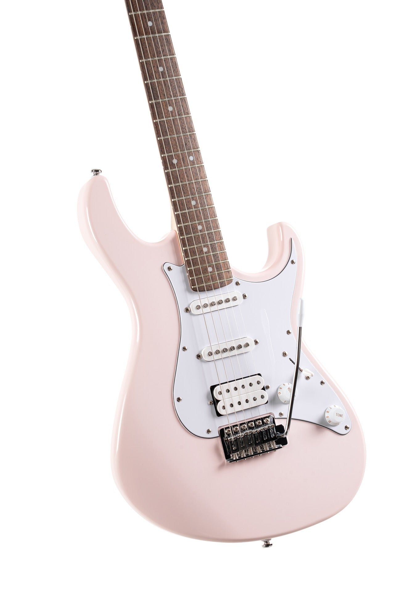 G200, corps peuplier, manche érable, touche jatoba , 2 micros simples et 1 double Powersound, plaque blanche, rose pastel