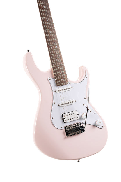 G200, corps peuplier, manche érable, touche jatoba , 2 micros simples et 1 double Powersound, plaque blanche, rose pastel