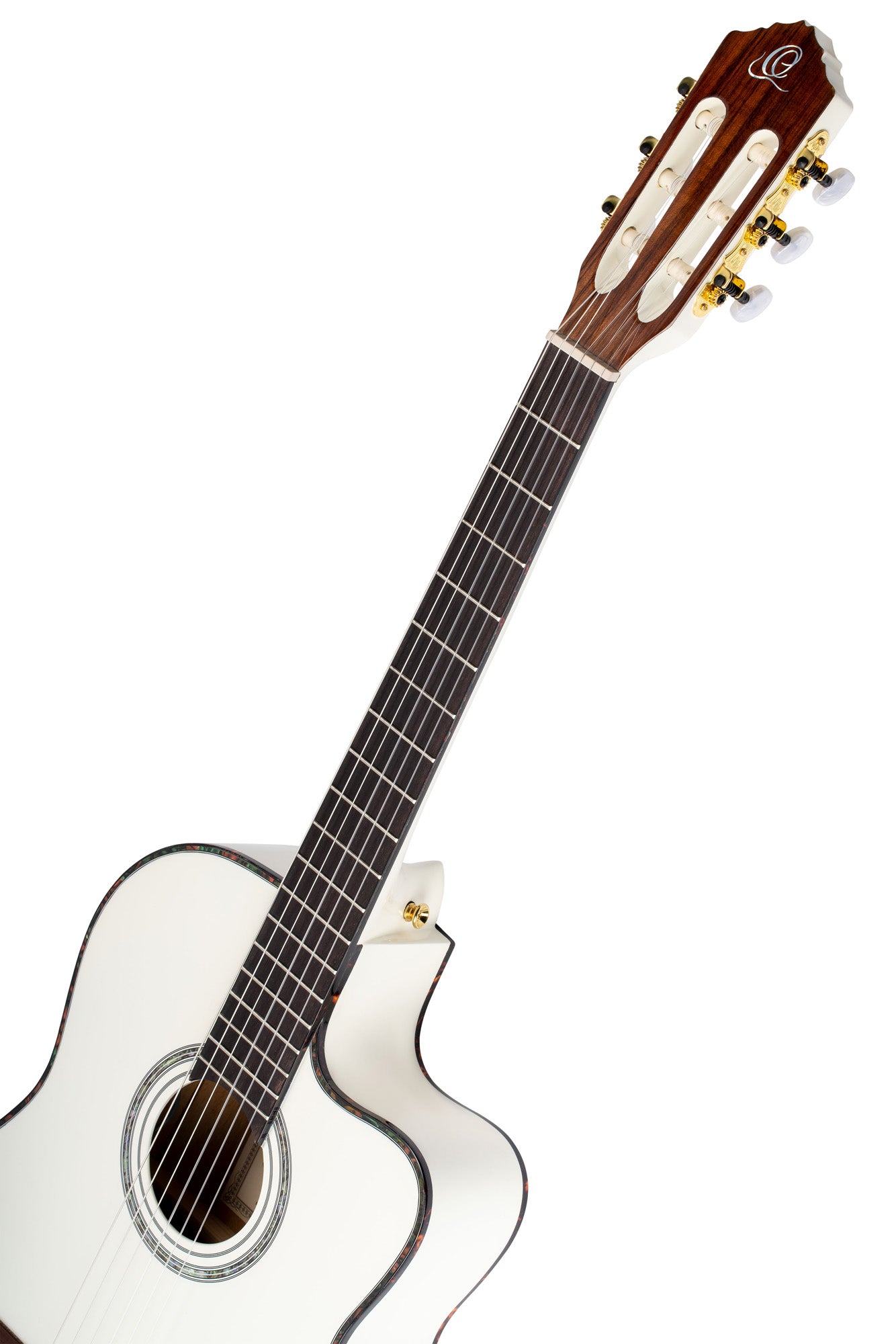 RCE145, modèle à caisse fine, pan coupé, EQ MagusPro, table épicéa massif, manche acajou (sillet 48 mm), blanc brillant