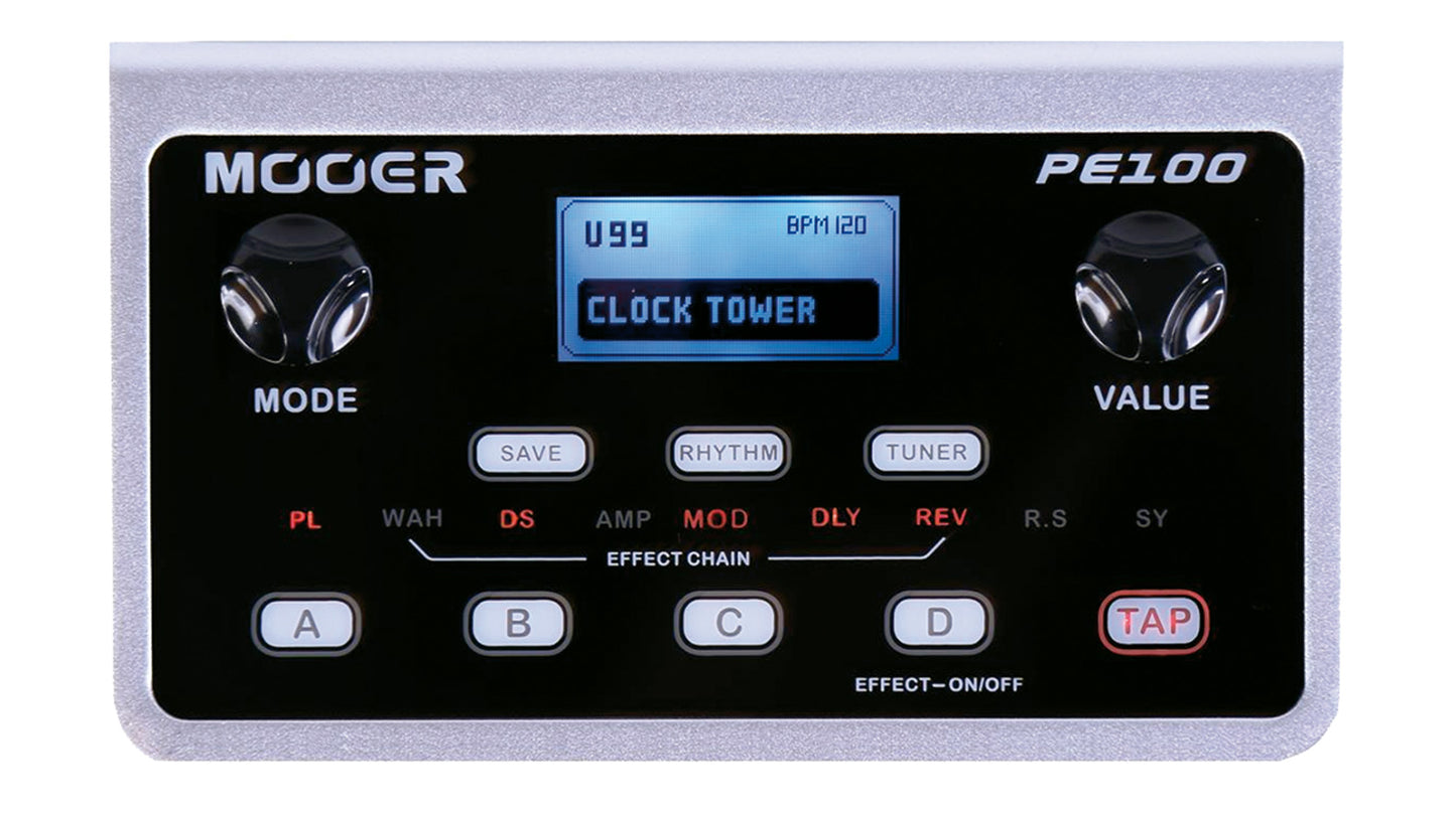 Pédalier multi-effets PE100, 6 blocs d'effet comprenant 39 types d'effets, 98 presets usine et 99 presets utilisateur, noir