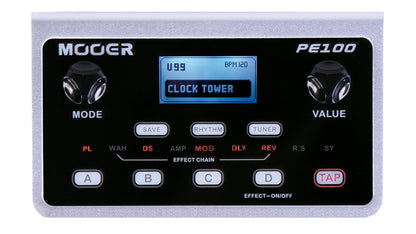 Pédalier multi-effets PE100, 6 blocs d'effet comprenant 39 types d'effets, 98 presets usine et 99 presets utilisateur, noir