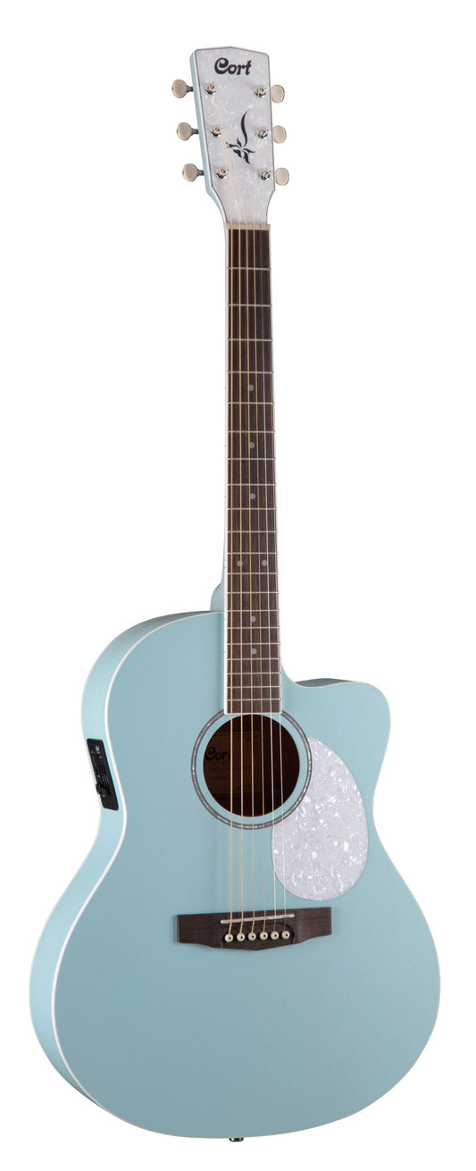 Jade Classic, table acajou, f/e acajou, manche acajou, touche laurier, EQ Cort CE304T, avec housse, bleu ciel pores ouverts