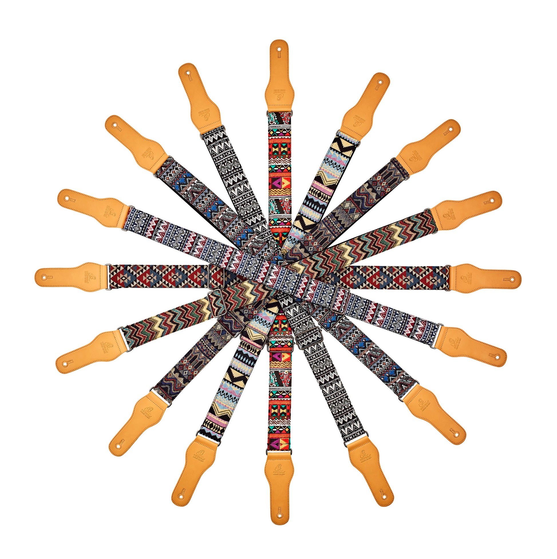 Courroie guitare, 100% coton, extrémités simili cuir, largeur 4.9 cm, longueur jusqu'à 158 cm, indian sky