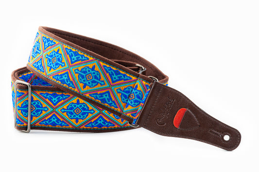 Courroie modèle HAFA, tissu Jacquard, largeur 6 cm, longueur 90 à 150 cm, porte-médiators intégré, bleu
