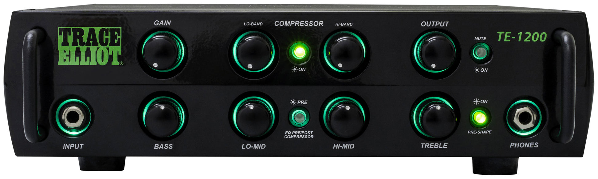 Tête amplifiée pour basse 1200W, EQ 4 bandes, compresseur 2 bandes, 2 sorties jack, sortie DI, sortie casque, finition noir
