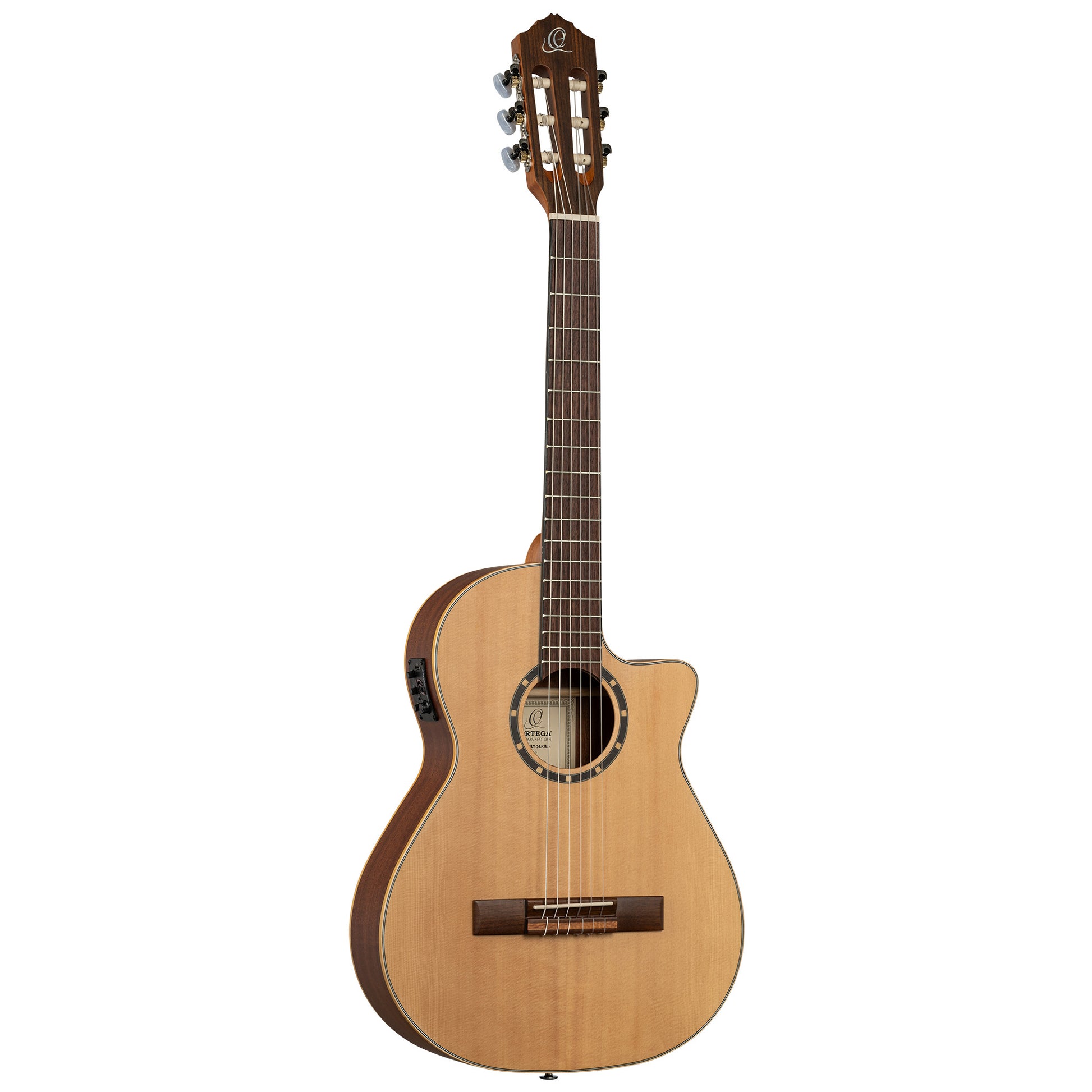 RCE125-34, corps Thinline, pan coupé, EQ Magus X/G, table épicéa, f/e acajou, sillet 45 mm, housse, naturel satiné