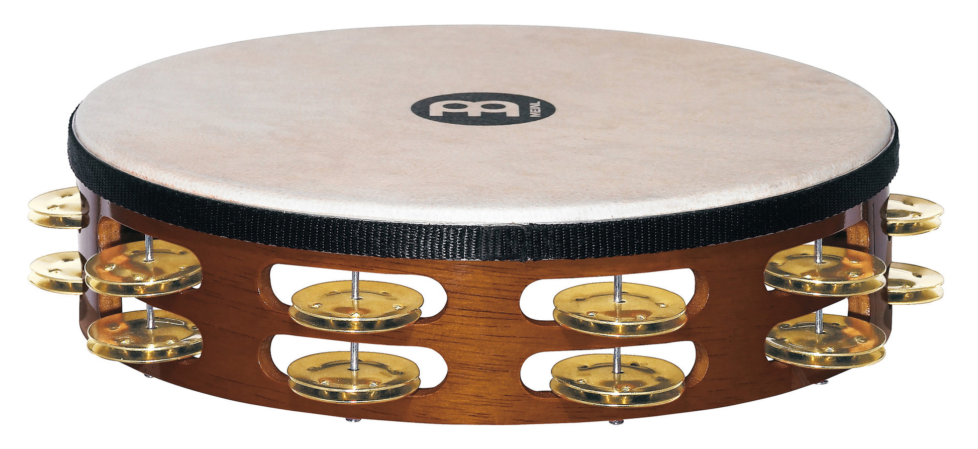 Tambourin bois avec peau de chèvre sélectionnée à la main, 2 rangée de cymbalettes laiton, African Brown