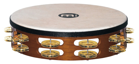 Tambourin bois avec peau de chèvre sélectionnée à la main, 2 rangée de cymbalettes laiton, African Brown