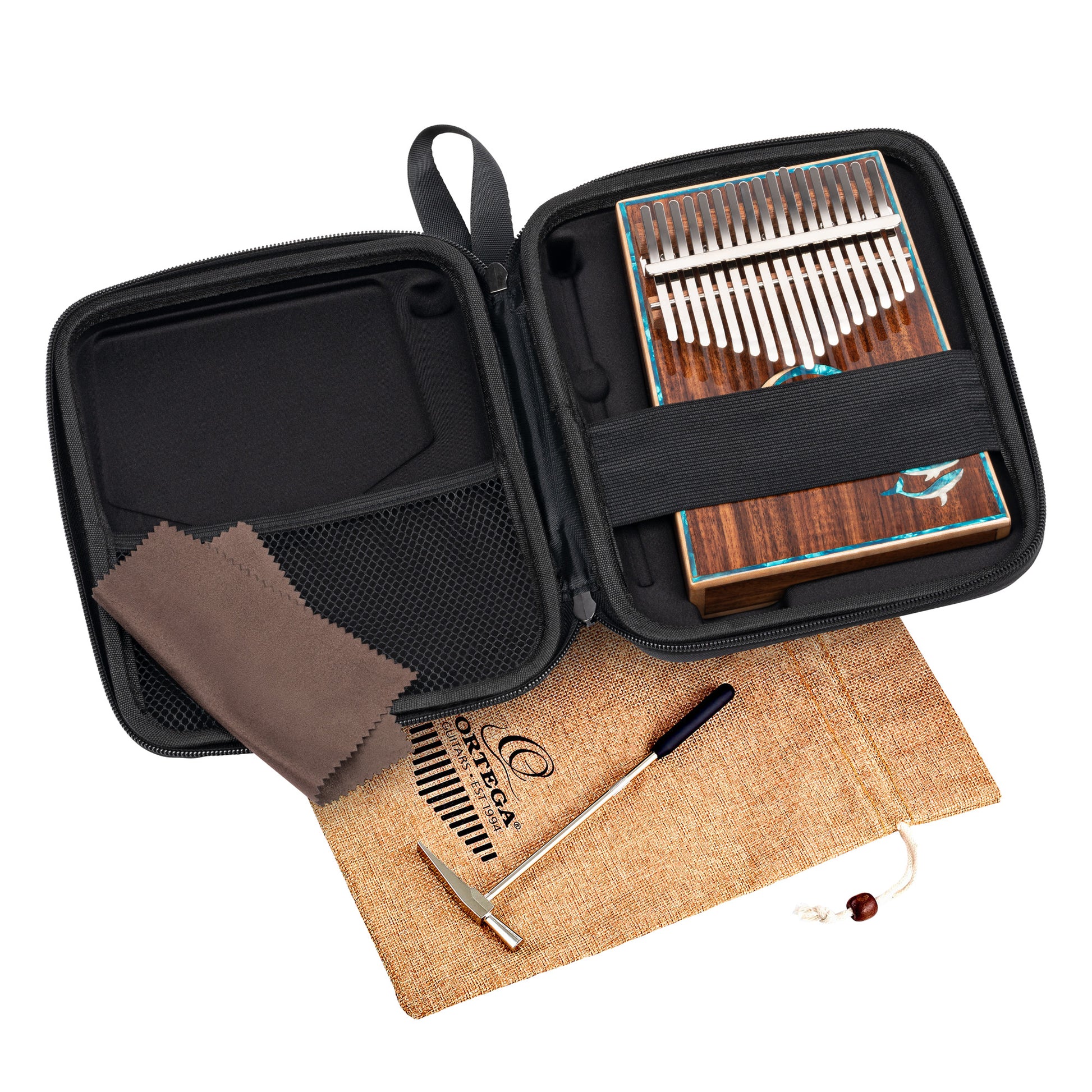 OKB30TH-BW, kalimba Ortega 30eme anniversaire, 17 notes en DO majeur, acacia massif, rosace erable/pearl, étui, naturel brillant