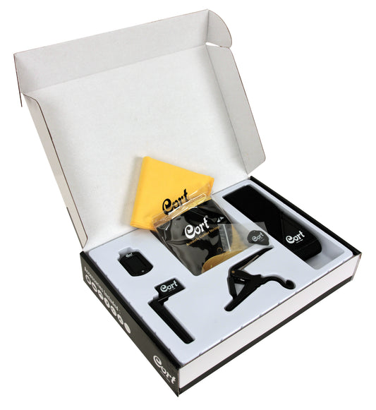 Kit accessoires guitare acoustique: jeu de cordes, capodastre, courroie, enrouleur de cordes, médiators, chiffon doux, accordeur